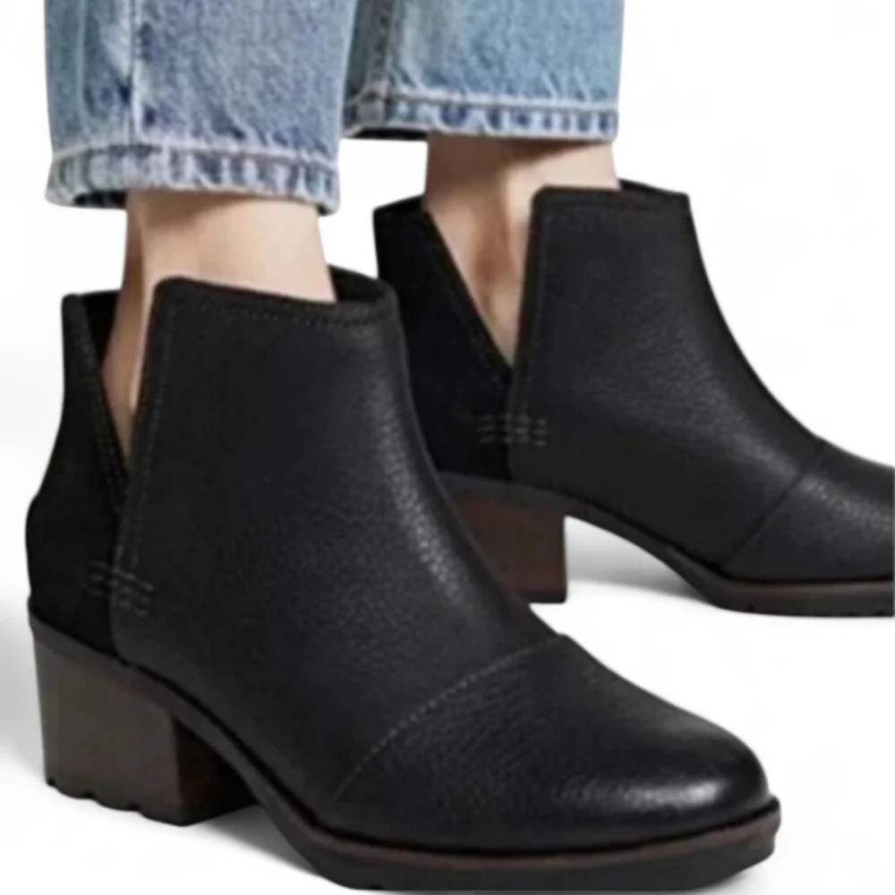 Sorel Cate Cut-out Black Full-grain Leather Bootie Ankle Boots Wmn 6 Casual